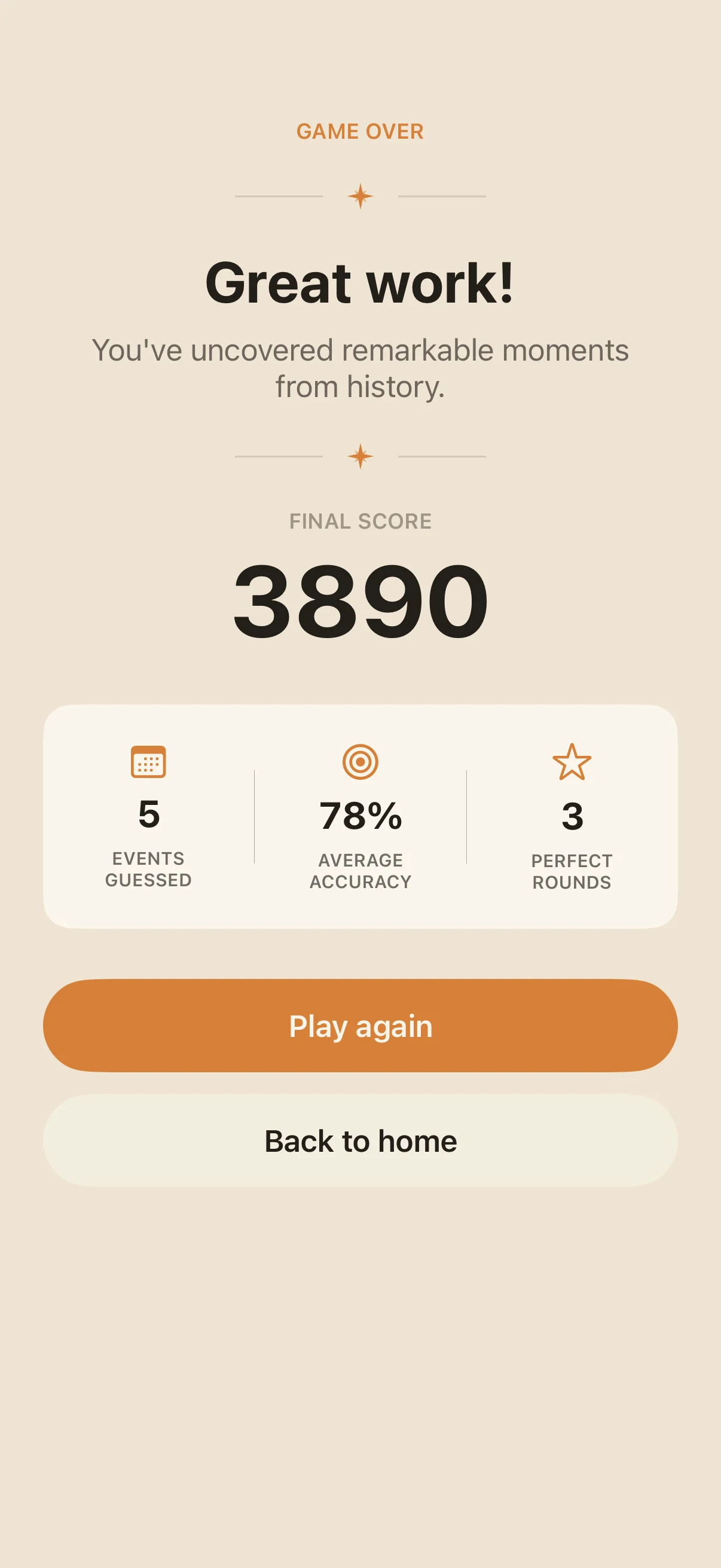 Where & When results screen showing points scored for the location and year guesses