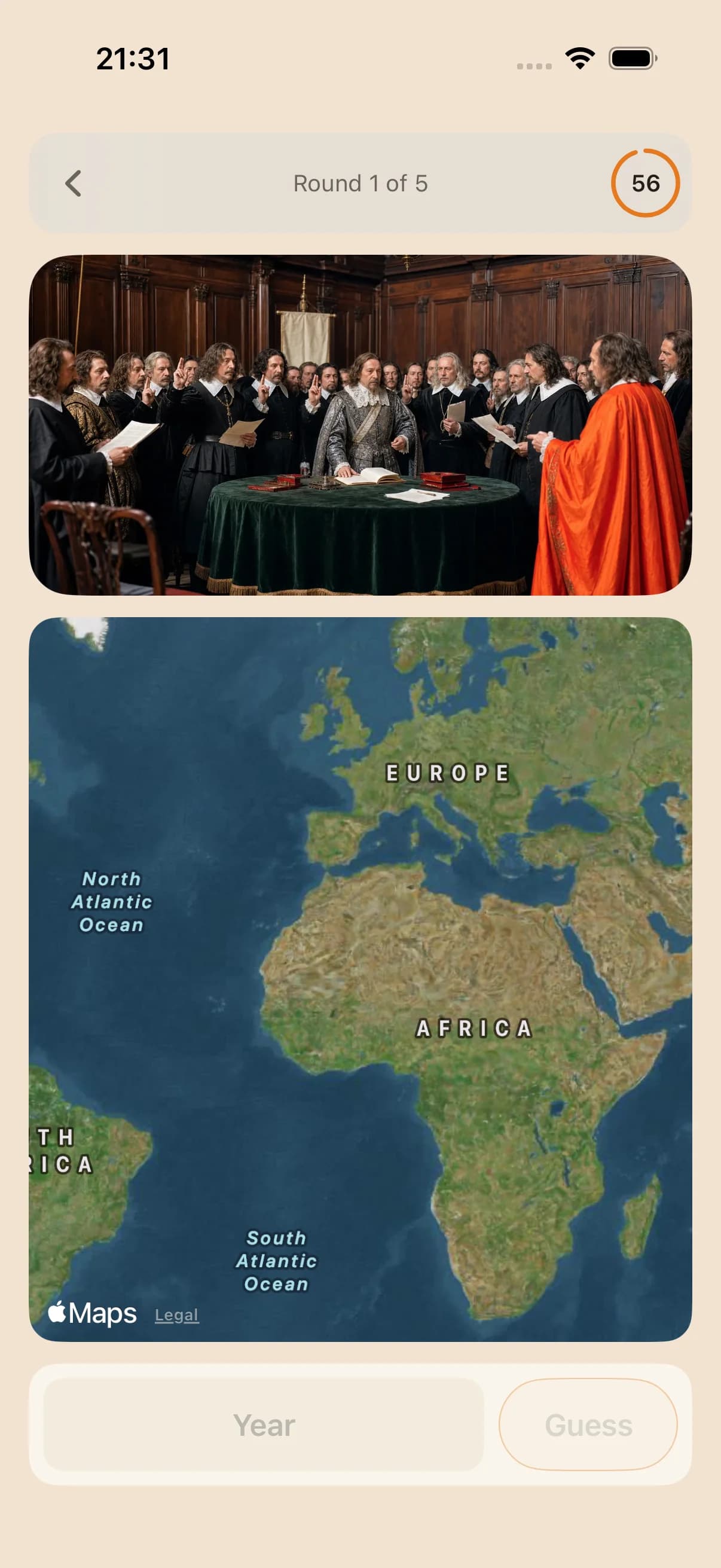 Where & When round screen: an AI-generated scene of a historical event above a world map, ready for a location guess